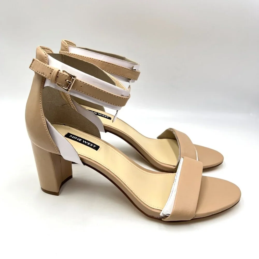 Nine West Womens Size 10 Nude Tan Beige Leather‎ Pruce Sandals Heels Shoes New